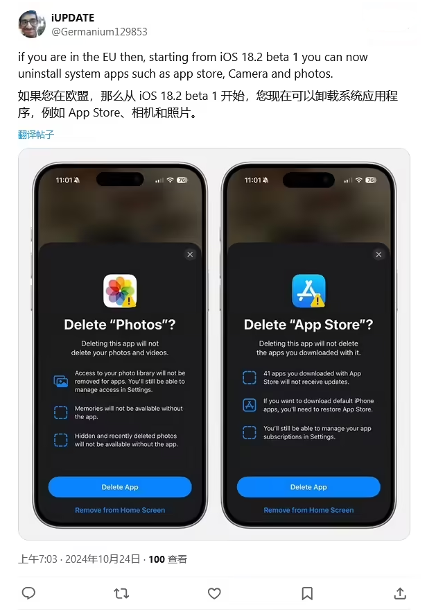 赞皇苹果手机维修分享iOS 18.2 支持删除 App Store 应用商店 