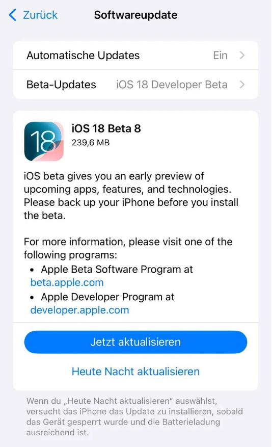 赞皇苹果手机维修分享苹果 iOS / iPadOS 18 开发者预览版 Beta 8 发布 